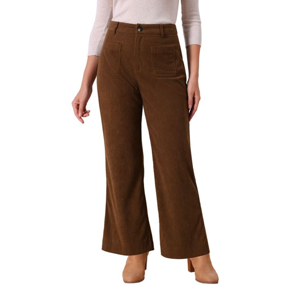 Women Casual Corduroy High Waisted Fall Winter Pants Dark Brown